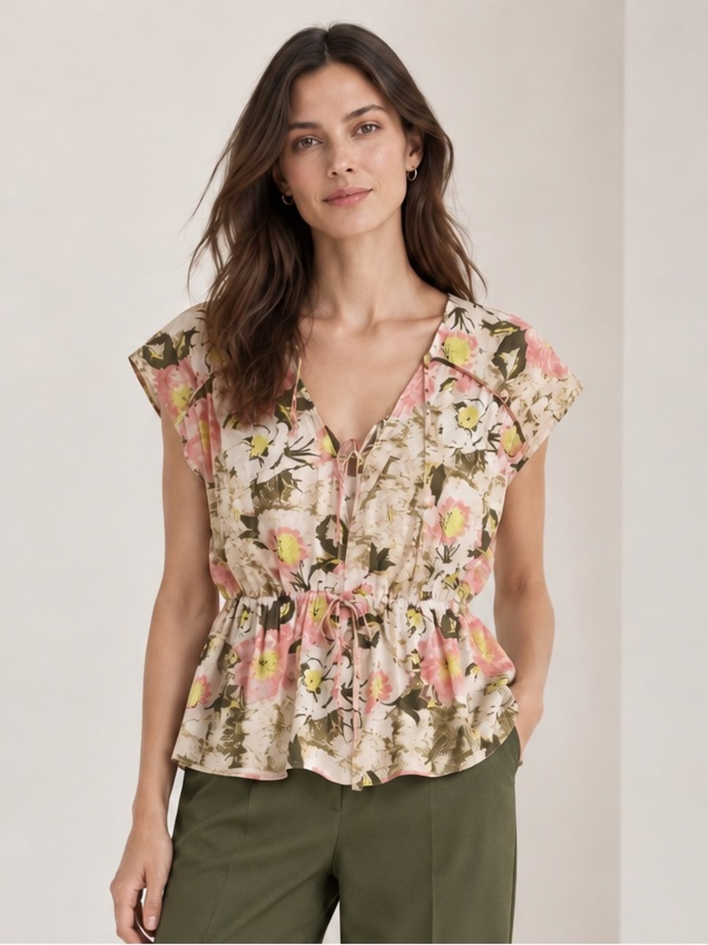 NWT DEREK LAM 10 Crosby Safari Floral Cotton Peplum Top Size XL